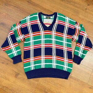 CHARTER CLUB Plaid Cotton V Neck Pullover Preppy Sweater Mens M Green Blue